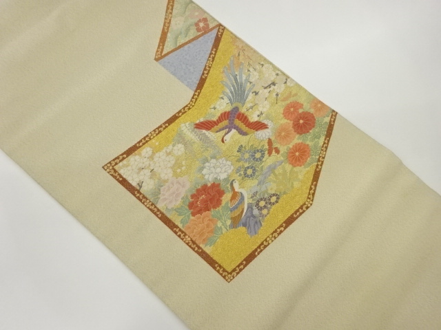 綴れ屏風に花鳥模様織出し袋帯